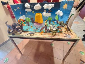 maquette dinosaure un jeune de l’IME a retracé l’Histoire des dinosaure sur une maquette (avec des jouets, des choses faites à la peinture …).